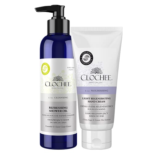 Clochee Simply Organic Refreshing Shower Oil and Light Regenerating Hand Cream Set