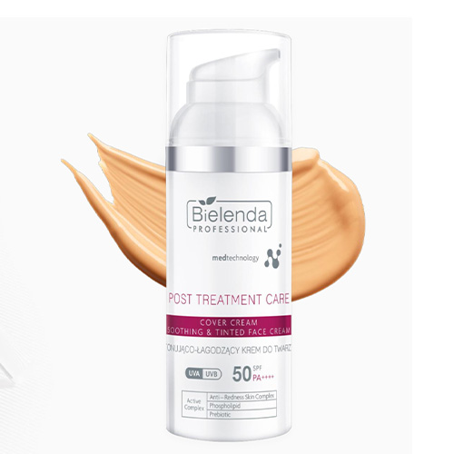 Soothing tinted face cream with SPF50 after aesthetic treatment from Bielenda.